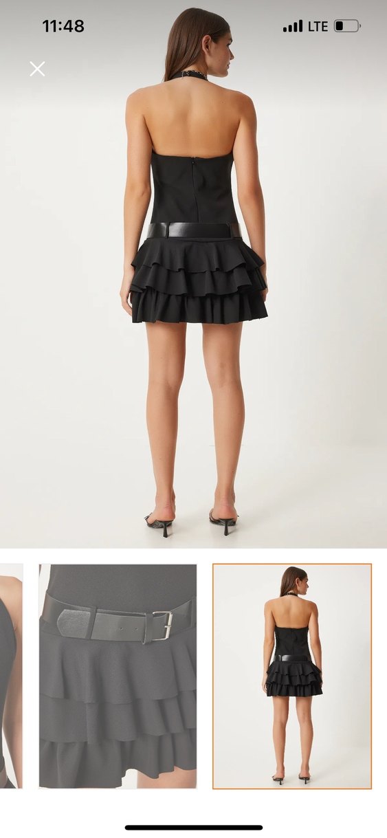 Kadın Siyah Deri Volanlı Mini Elbise - Görsel 2