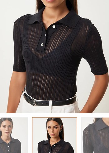 Düğmeli, Kısa Kollu, Koyu Siyah Bluz - Görsel 2