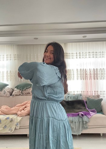 xxl Beden Bohem Tarzı Turkuaz Midi Elbise