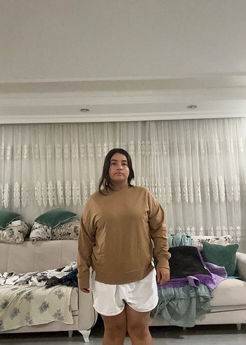 Bej Yüksek Yakalı Kadın Pamuklu sweatshirt