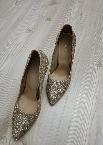 38 Beden altın Renk Altın Renkli Simli Stiletto Topuklu Kadın Ayakkabı