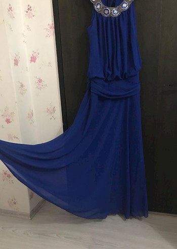 Boncuk İşlemeli Mavi Uzun Bohem Elbise - Görsel 6