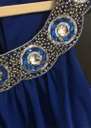 Boncuk İşlemeli Mavi Uzun Bohem Elbise - Görsel 4