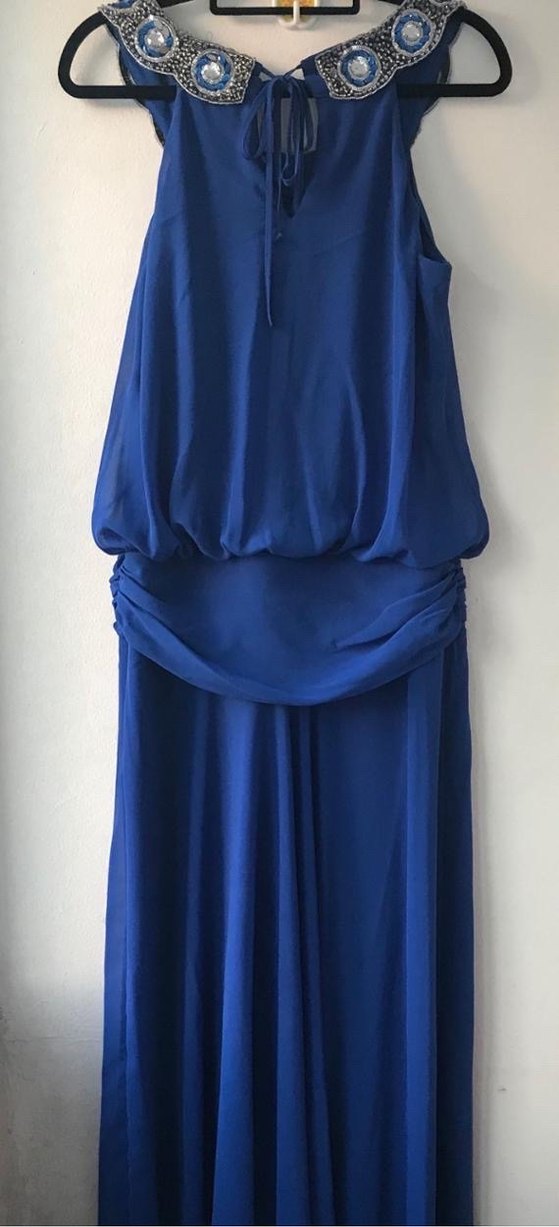 Boncuk İşlemeli Mavi Uzun Bohem Elbise - Görsel 3