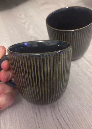 Koyu Mavi Çizgili Seramik Kupa Seti - Görsel 3