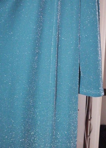 Uzun Turkuaz Drapeli Kadın Elbise - Görsel 4