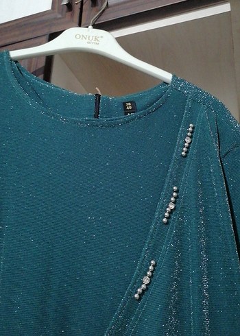 Uzun Turkuaz Drapeli Kadın Elbise - Görsel 3