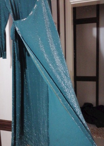 Uzun Turkuaz Drapeli Kadın Elbise - Görsel 5