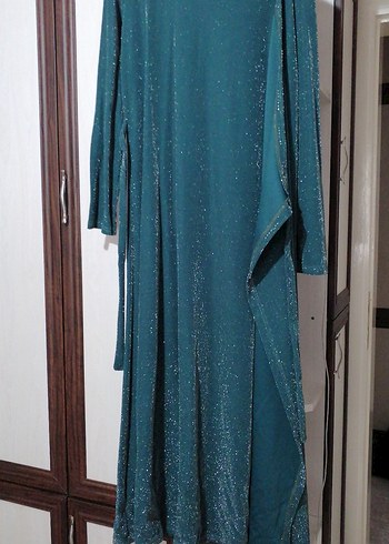 Uzun Turkuaz Drapeli Kadın Elbise - Görsel 7