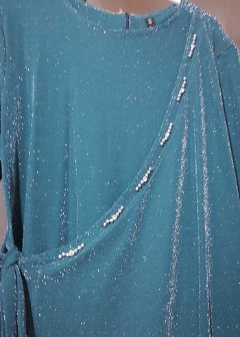 Uzun Turkuaz Drapeli Kadın Elbise - Görsel 2