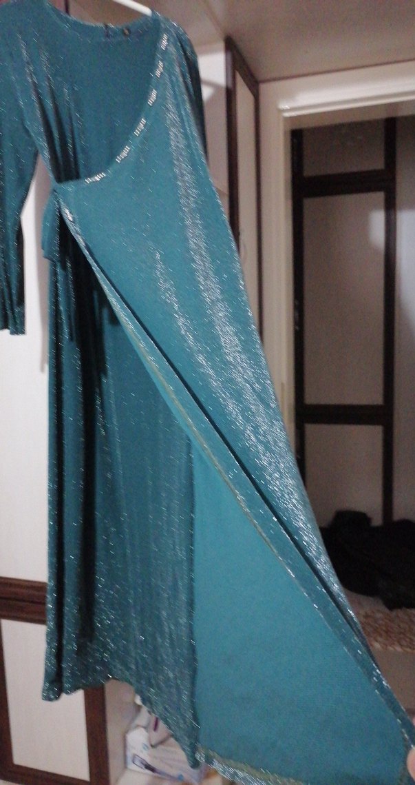 Uzun Turkuaz Drapeli Kadın Elbise - Görsel 5