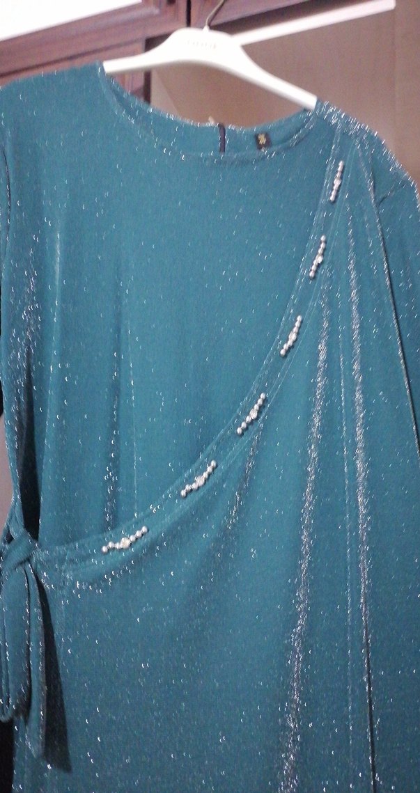 Uzun Turkuaz Drapeli Kadın Elbise - Görsel 2