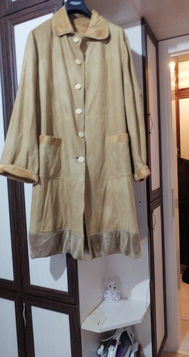 Bej Süet Düğmeli Uzun Kadın Kaban - Görsel 2