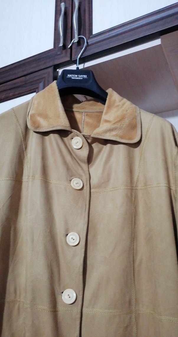 Bej Süet Düğmeli Uzun Kadın Kaban - Görsel 3