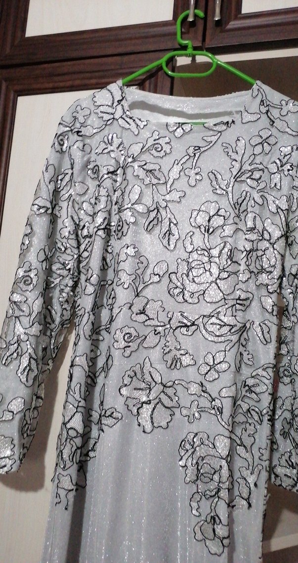 Elbise Gri Nakışlı Uzun Kollu Abiye Elbise 38 39 beden - Görsel 2