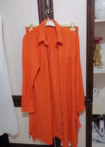 Kadın Turuncu Pilili Bol Kesim Kumaş Pantolon takım 44 46 arası - Görsel 5