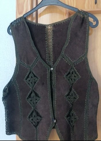 Nakışlı Örgü Detaylı Kahverengi Süet Yelek - Görsel 2