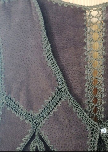 Nakışlı Örgü Detaylı Kahverengi Süet Yelek - Görsel 7