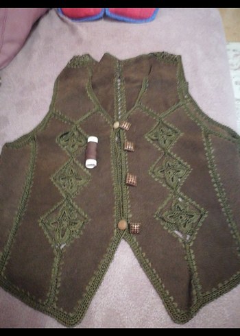 Nakışlı Örgü Detaylı Kahverengi Süet Yelek - Görsel 6