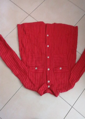 Kırmızı Düğmeli Uzun Kollu Keten Gömlek - Görsel 4