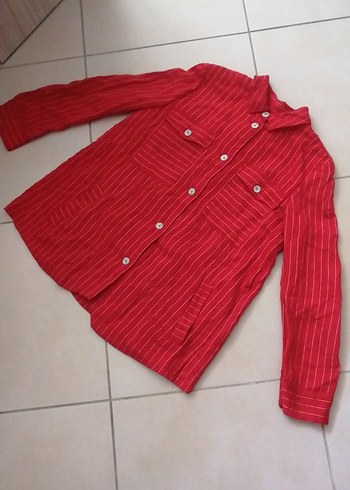 Kırmızı Düğmeli Uzun Kollu Keten Gömlek - Görsel 2