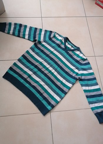 Çok Renkli Erkek Çizgili V Yaka Kazak - Görsel 4