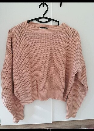 Pembe, örgü, oversize, kısa kazak