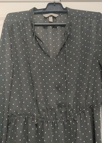 H&M Gri Puantiyeli Midi Uzun Kollu Elbise