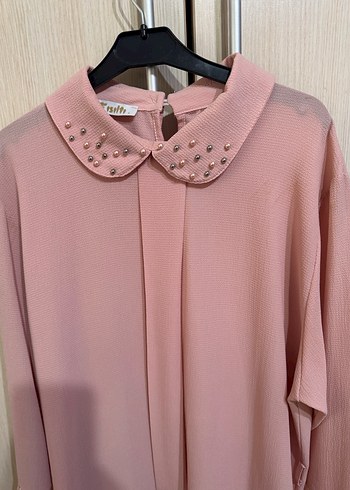 Pembe Dantel Detaylı Uzun Kollu Tunik tesettür - Görsel 2