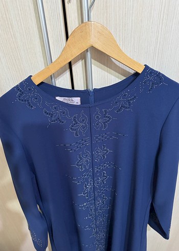 Mavi Uzun Kollu Nakışlı Kadın Elbise tesettür abiye - Görsel 3