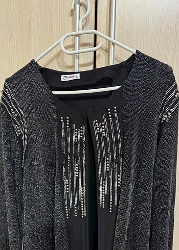 Siyah Payetli Uzun Kadın Triko tesettür ceket - Görsel 3