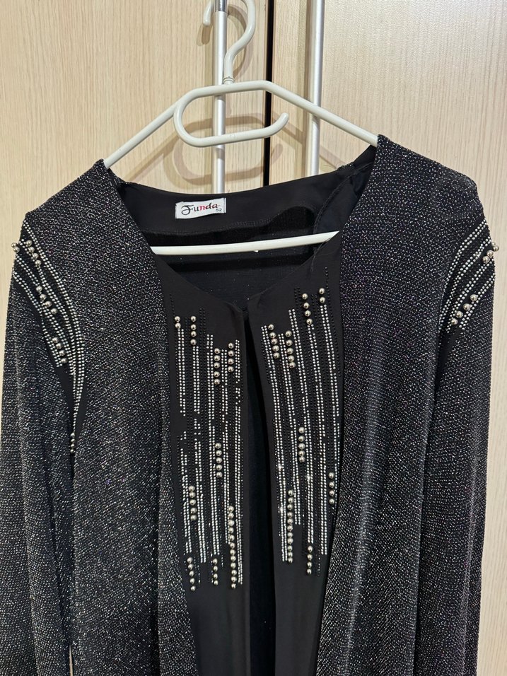 Siyah Payetli Uzun Kadın Triko tesettür ceket - Görsel 3