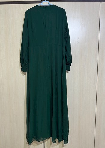 Uzun Kollu Koyu Yeşil Modern Klasik Elbise tesettür abiye - Görsel 3