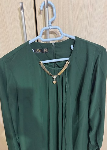 Uzun Kollu Koyu Yeşil Modern Klasik Elbise tesettür abiye - Görsel 2