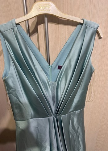 Turkuaz Parlak Uzun Drapeli Kadın Abiye Elbise - Görsel 3