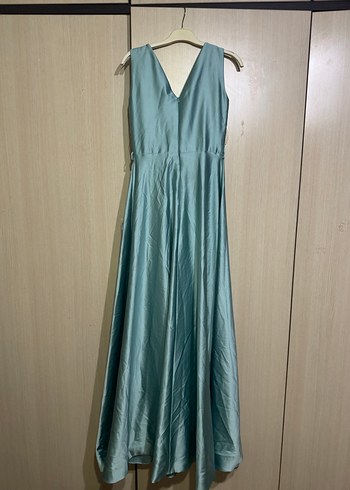 Turkuaz Parlak Uzun Drapeli Kadın Abiye Elbise - Görsel 2