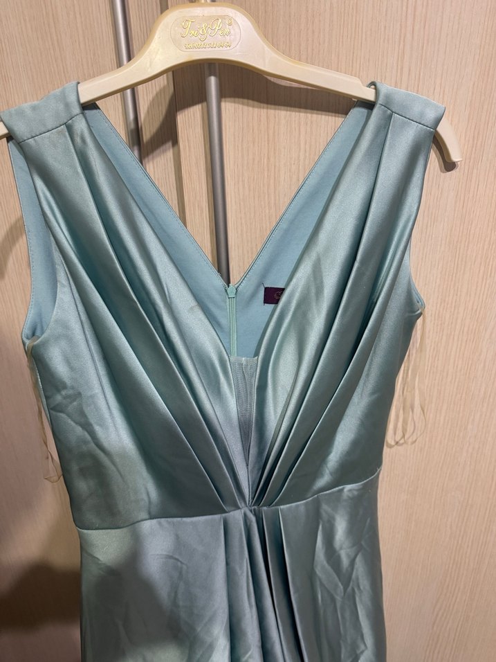 Turkuaz Parlak Uzun Drapeli Kadın Abiye Elbise - Görsel 3