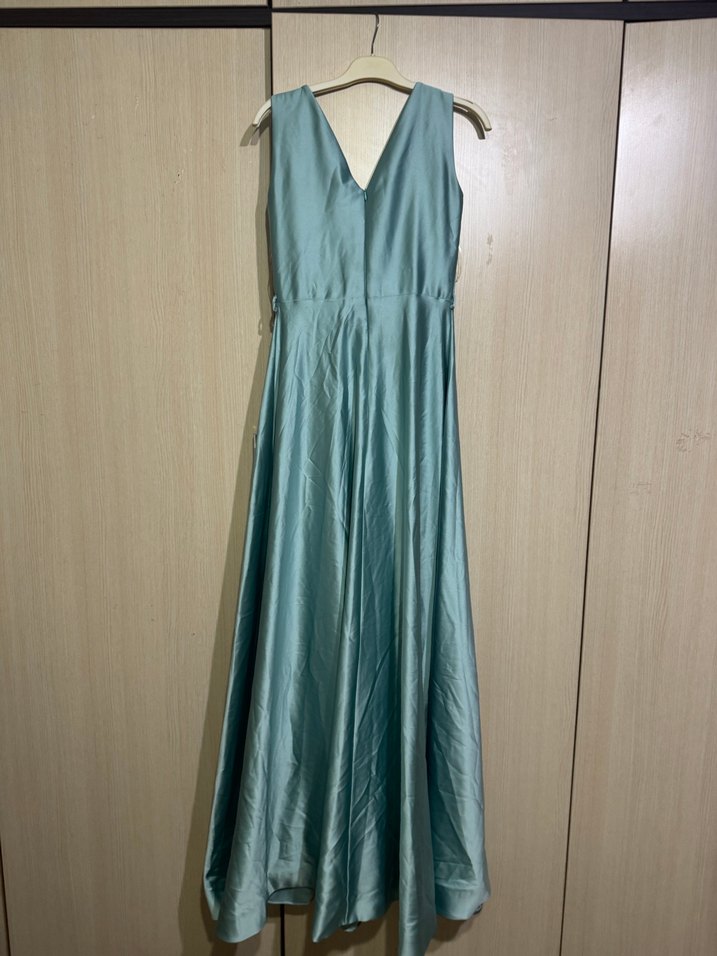 Turkuaz Parlak Uzun Drapeli Kadın Abiye Elbise - Görsel 2