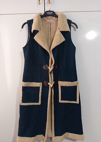 Mavi Süet Kürklü Uzun Kadın Yelek - Görsel 3