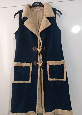 Mavi Süet Kürklü Uzun Kadın Yelek - Görsel 2