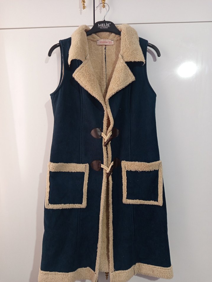 Mavi Süet Kürklü Uzun Kadın Yelek - Görsel 3