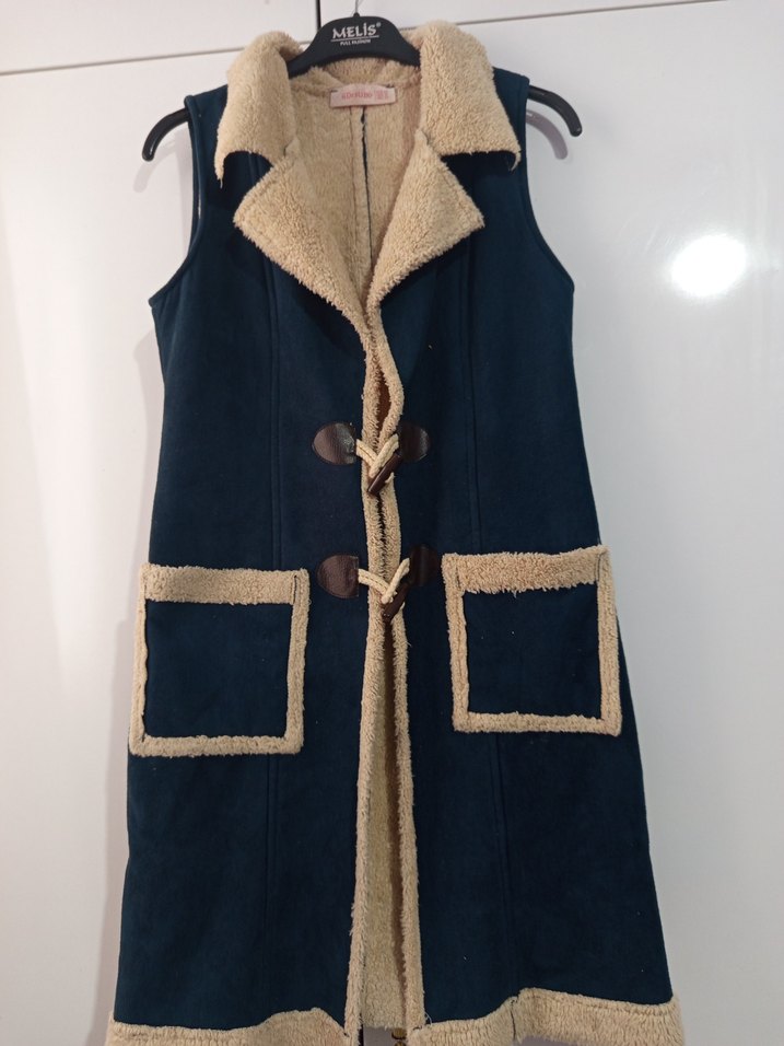 Mavi Süet Kürklü Uzun Kadın Yelek - Görsel 2