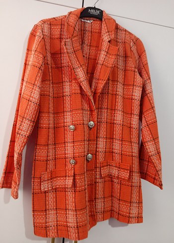 Düğmeli Turuncu Ekose Kadın Blazer Ceket - Görsel 2