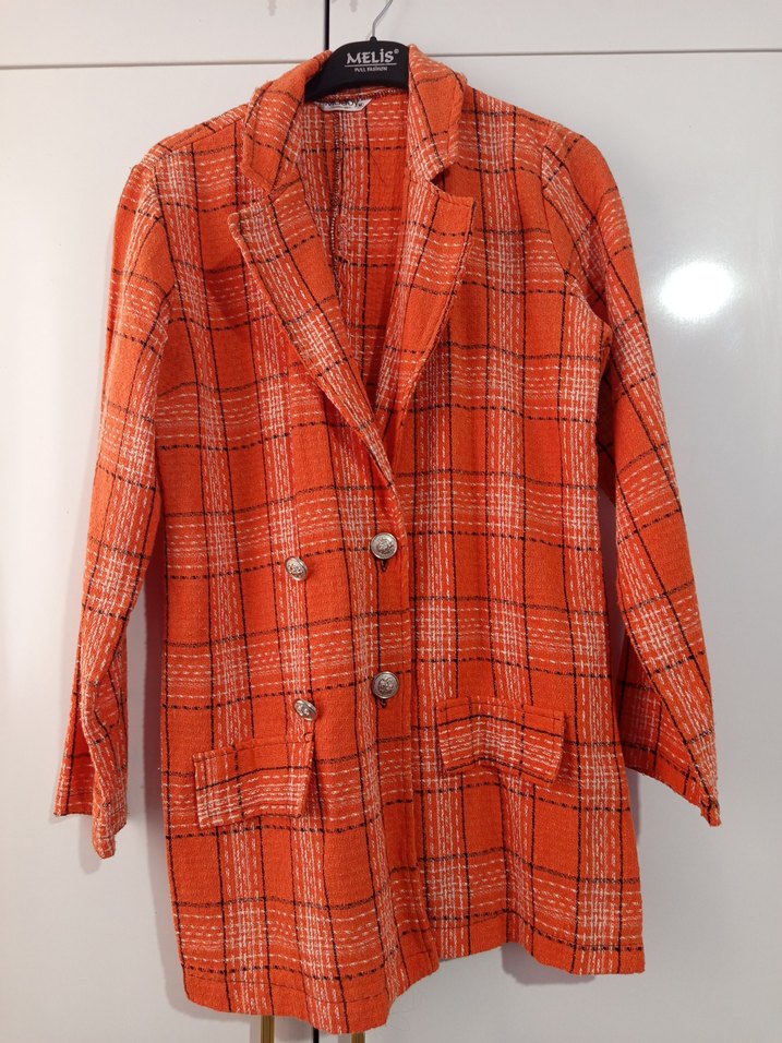 Düğmeli Turuncu Ekose Kadın Blazer Ceket - Görsel 3