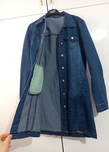 Düğmeli Lacivert Uzun Denim Kadın Ceket - Görsel 3