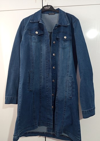 Düğmeli Lacivert Uzun Denim Kadın Ceket - Görsel 2