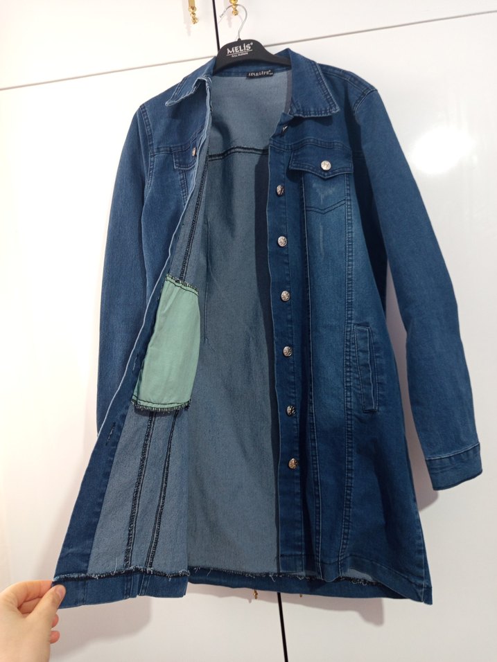 Düğmeli Lacivert Uzun Denim Kadın Ceket - Görsel 3