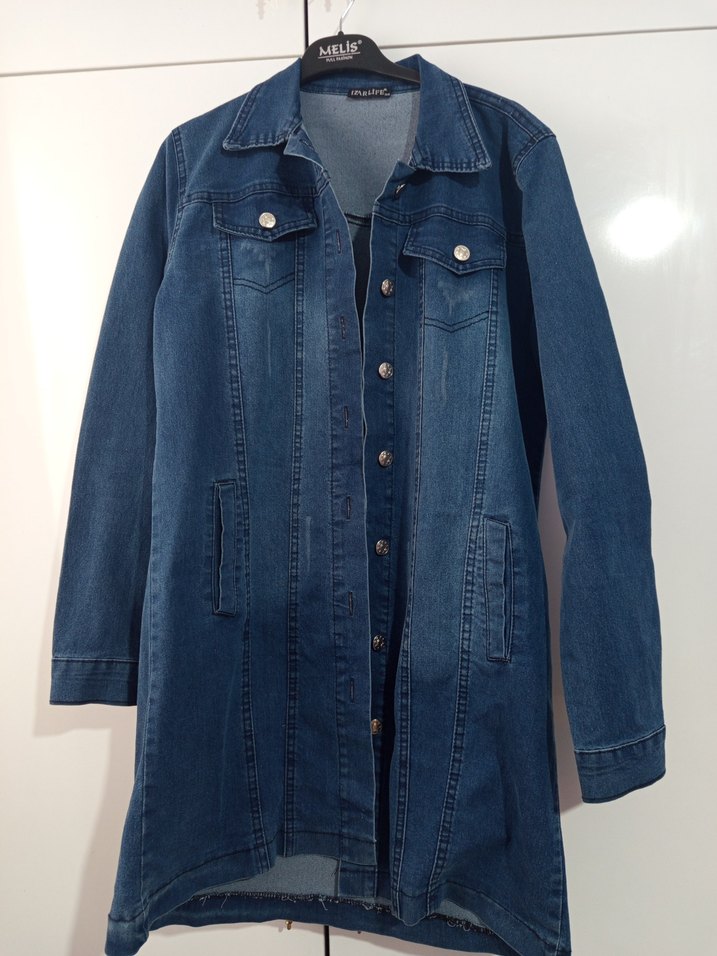 Düğmeli Lacivert Uzun Denim Kadın Ceket - Görsel 2