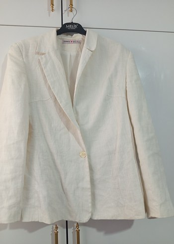 Düğmeli Beyaz Keten Kadın Blazer - Görsel 3