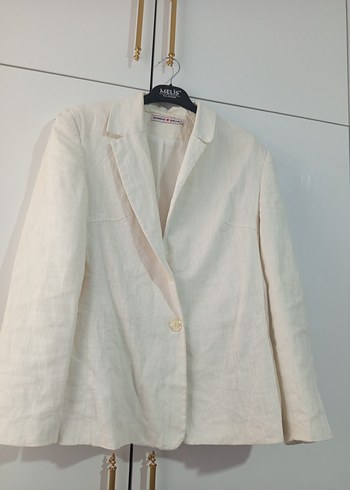 Düğmeli Beyaz Keten Kadın Blazer - Görsel 2